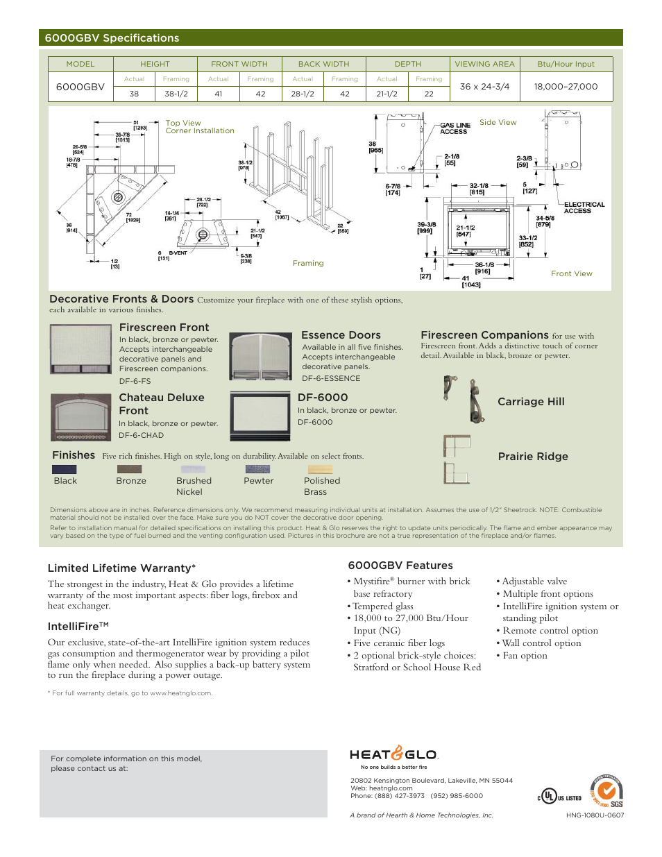 6000gbv specifications, Limited lifetime warranty, Intellifire | Firescreen front essence doors, Chateau deluxe front, Finishes, Df-6000, 6000gbv features, Firescreen companions | Hearth and Home Technologies 6000GBV User Manual | Page 2 / 2