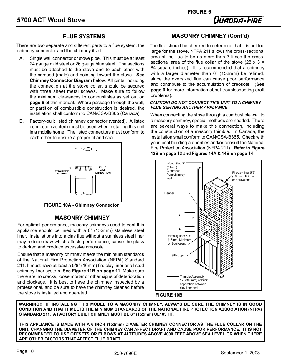 5700 act wood stove, Flue systems, Masonry chimney | Masonry chimney (cont’d) | Hearth and Home Technologies 820-0721 User Manual | Page 10 / 32