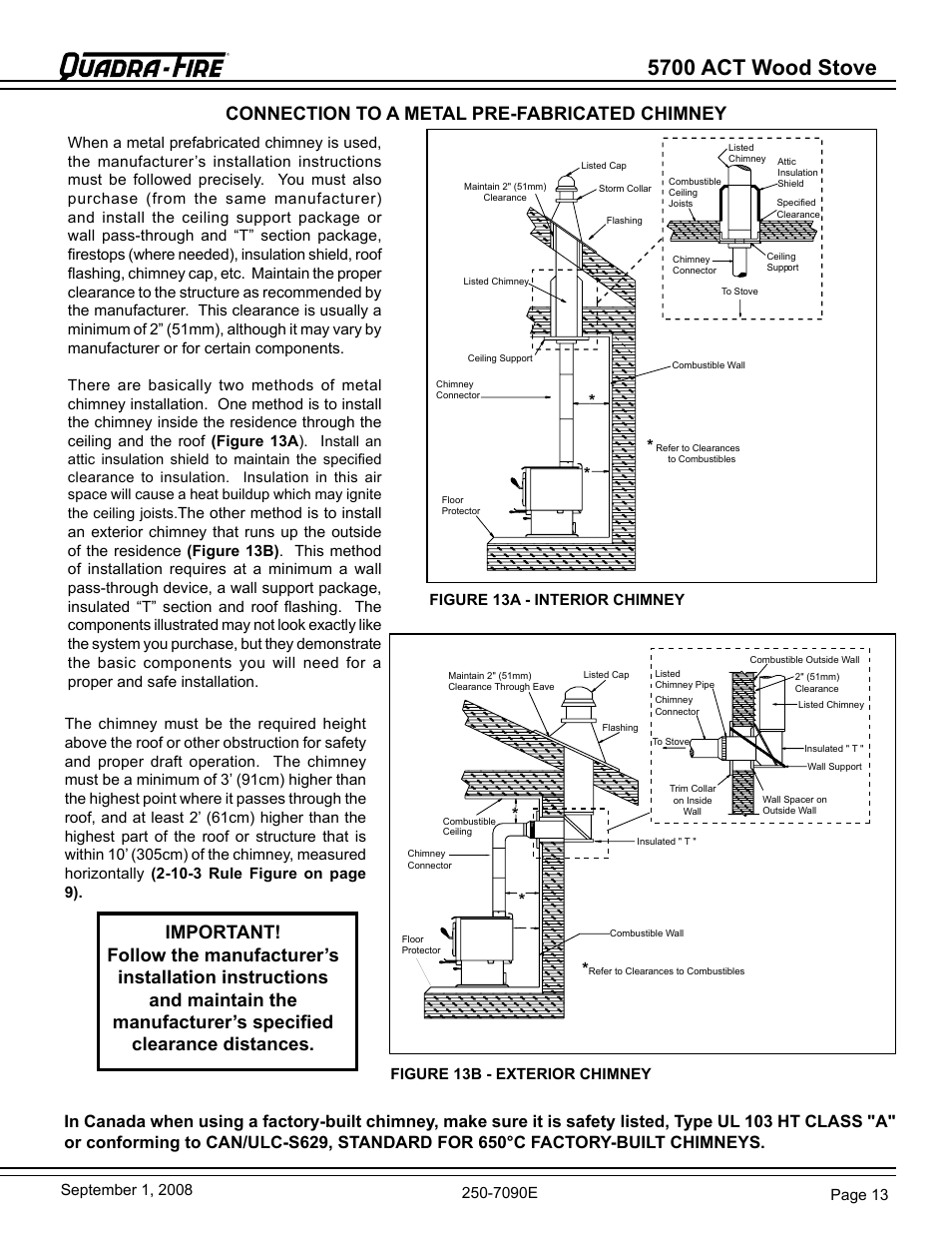 5700 act wood stove, Connection to a metal pre-fabricated chimney | Hearth and Home Technologies 820-0721 User Manual | Page 13 / 32