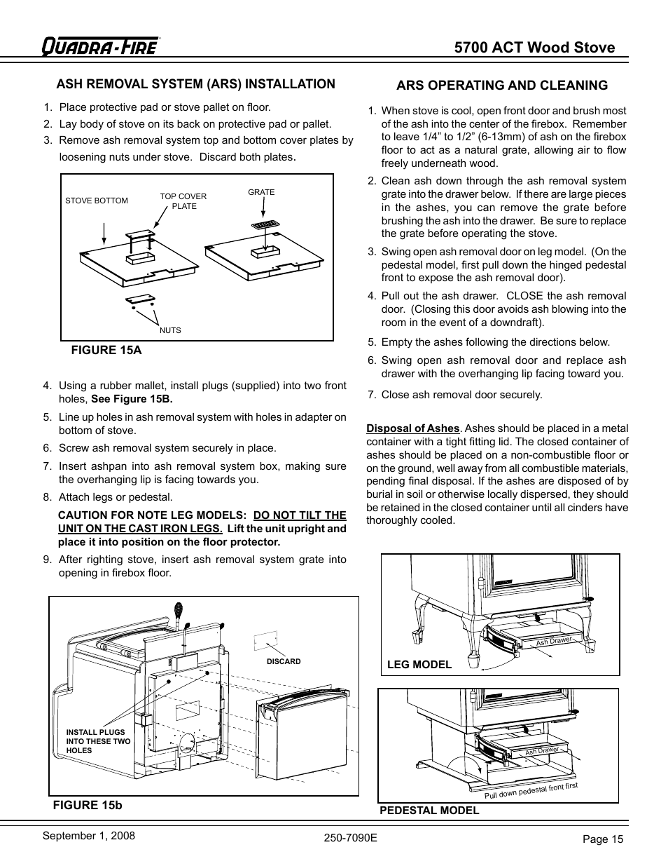 5700 act wood stove, Ash removal system (ars) installation, Ars operating and cleaning | Hearth and Home Technologies 820-0721 User Manual | Page 15 / 32