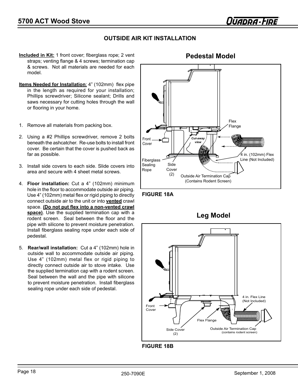 5700 act wood stove, Pedestal model leg model, Outside air kit installation | Hearth and Home Technologies 820-0721 User Manual | Page 18 / 32