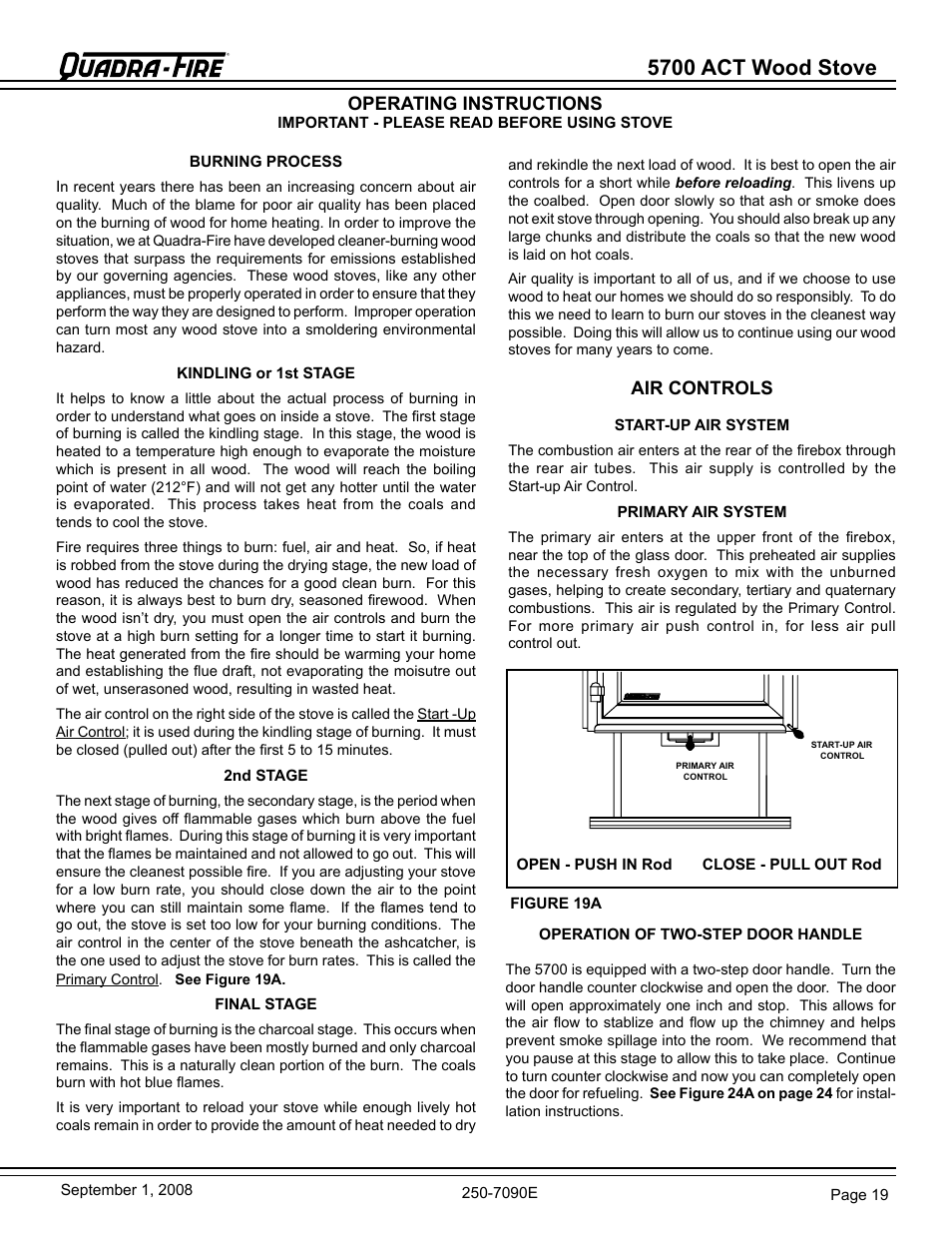 5700 act wood stove, Operating instructions, Air controls | Hearth and Home Technologies 820-0721 User Manual | Page 19 / 32