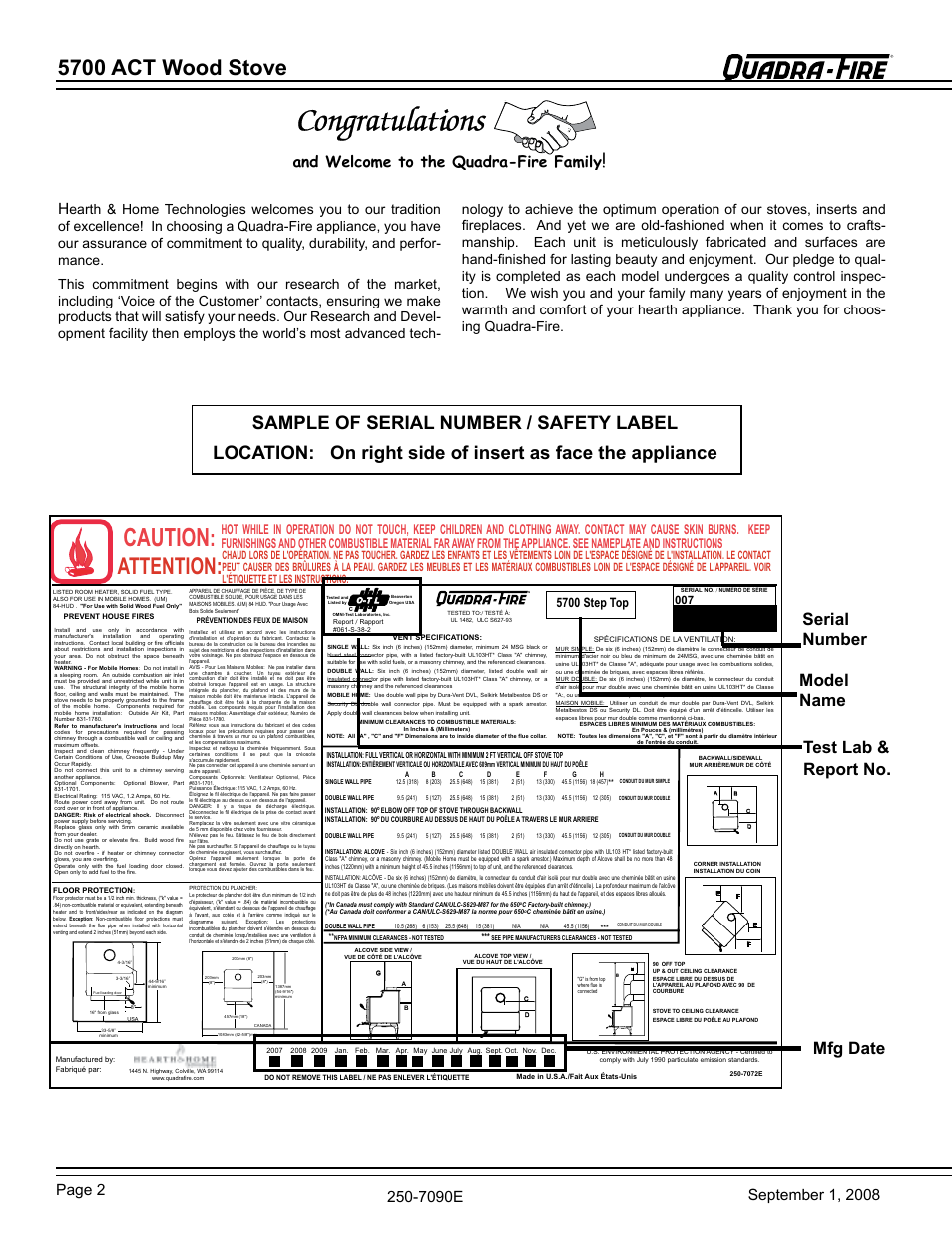 Caution, Attention, 5700 act wood stove | Model name serial number test lab & report no, Mfg date, 7090e and welcome to the quadra-fire family, 5700 step top | Hearth and Home Technologies 820-0721 User Manual | Page 2 / 32