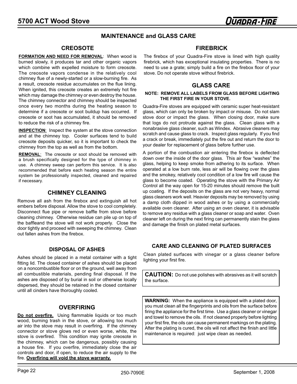 5700 act wood stove, Maintenance and glass care, Creosote | Glass care, Chimney cleaning, Firebrick, Overfiring, Caution | Hearth and Home Technologies 820-0721 User Manual | Page 22 / 32