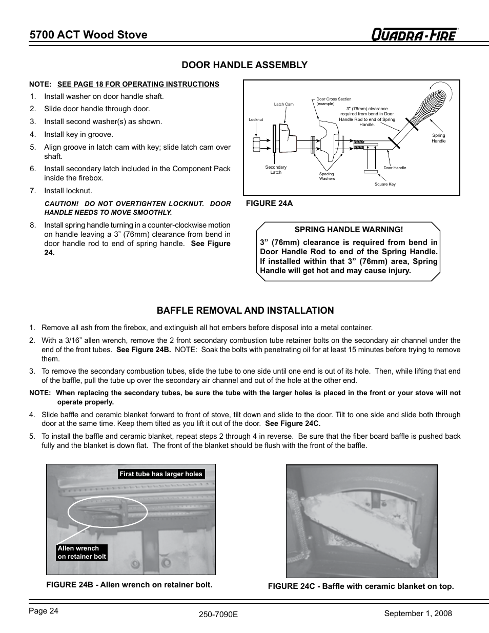 5700 act wood stove, Door handle assembly, Baffle removal and installation | Hearth and Home Technologies 820-0721 User Manual | Page 24 / 32