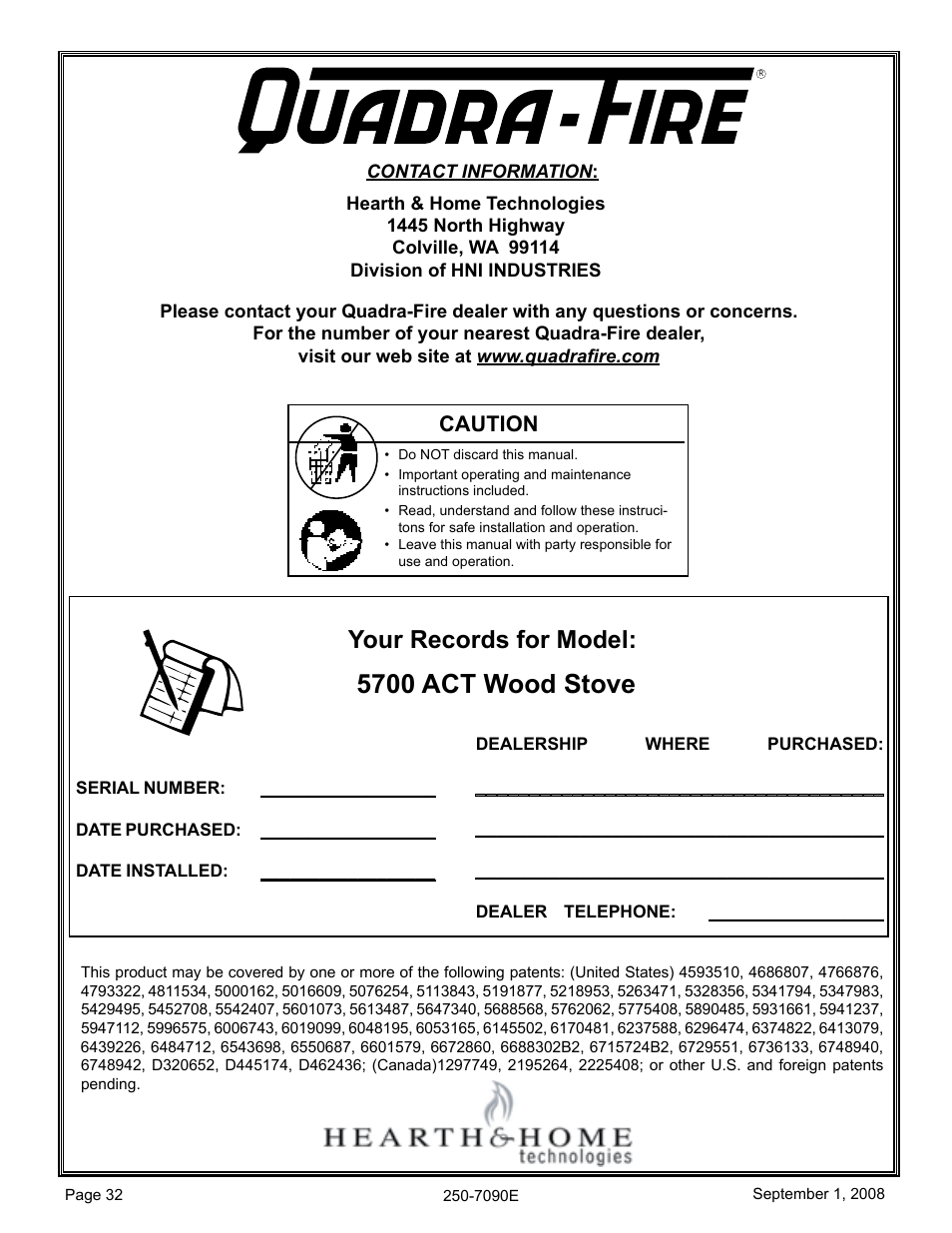 5700 act wood stove, Your records for model, Caution | Hearth and Home Technologies 820-0721 User Manual | Page 32 / 32