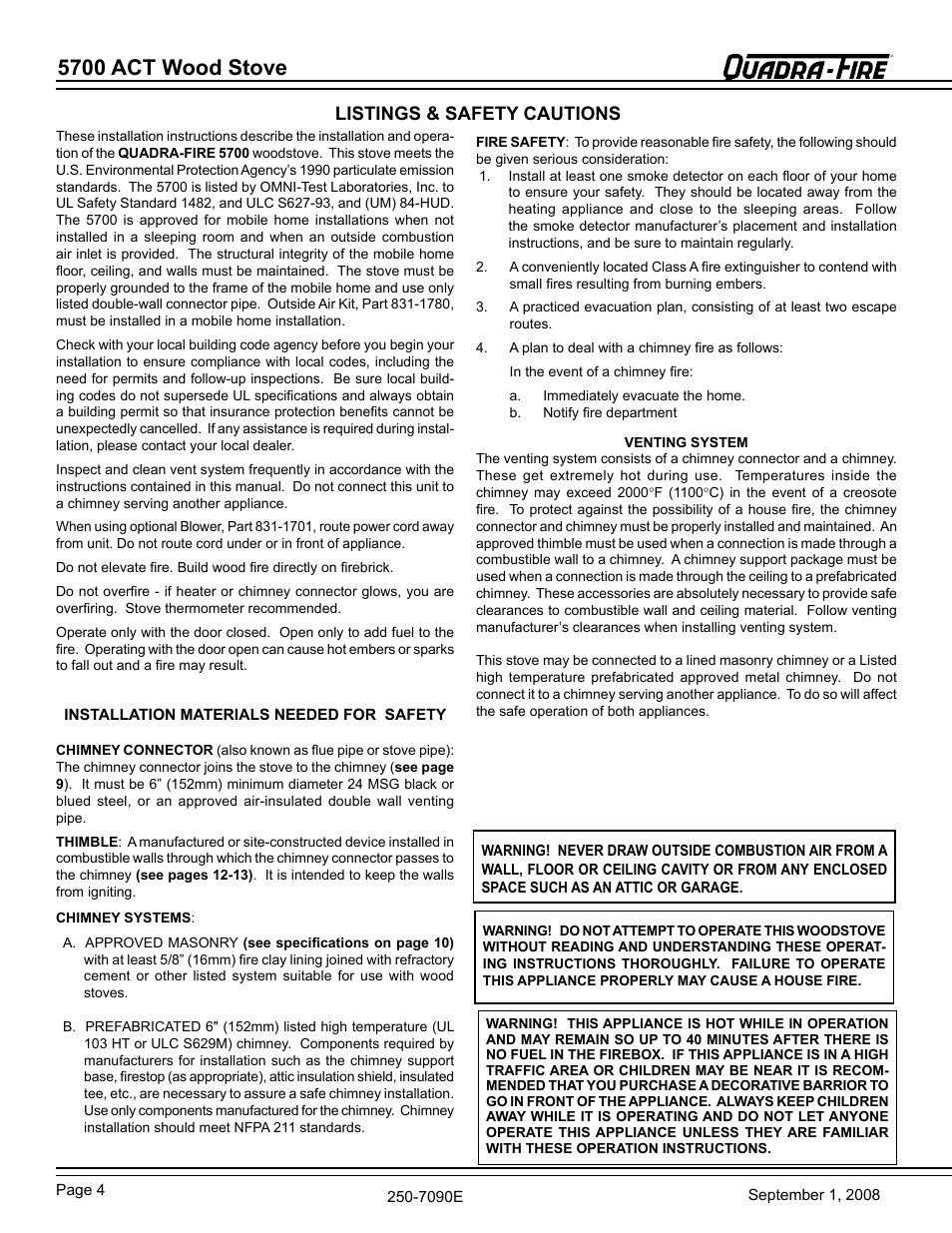 5700 act wood stove, Listings & safety cautions | Hearth and Home Technologies 820-0721 User Manual | Page 4 / 32