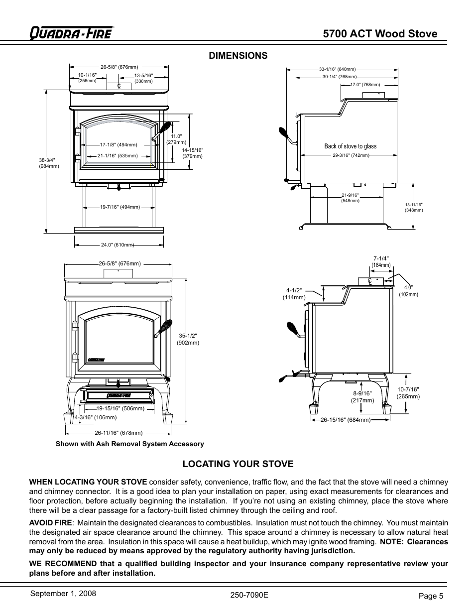 5700 act wood stove, Dimensions, Locating your stove | Hearth and Home Technologies 820-0721 User Manual | Page 5 / 32