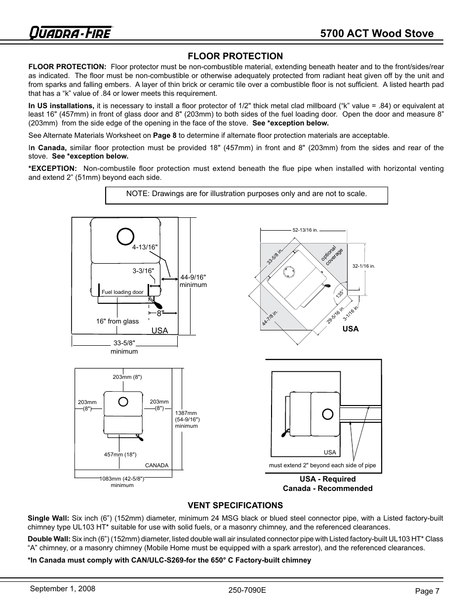 5700 act wood stove, Floor protection, Vent specifications | Hearth and Home Technologies 820-0721 User Manual | Page 7 / 32