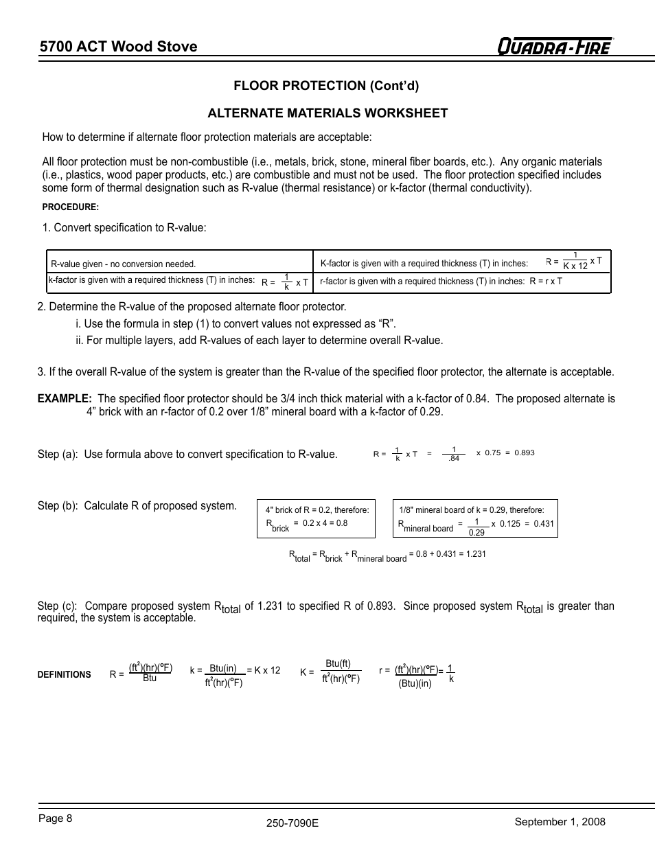 5700 act wood stove, Floor protection (cont’d), Alternate materials worksheet | Hearth and Home Technologies 820-0721 User Manual | Page 8 / 32