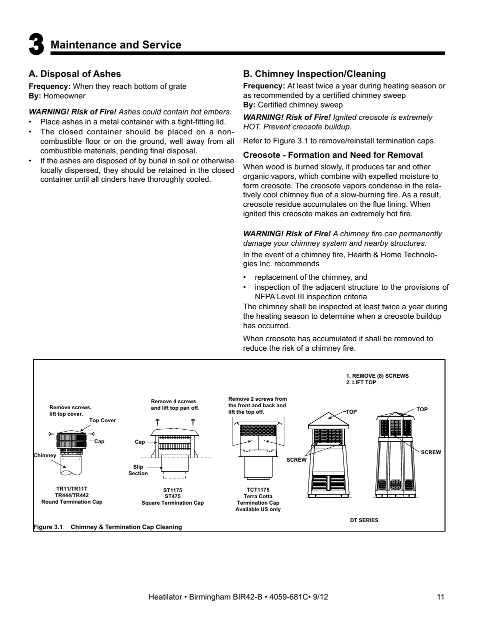 Maintenance and service, A. disposal of ashes, B. chimney inspection/cleaning | Hearth and Home Technologies BIR42-B User Manual | Page 11 / 55