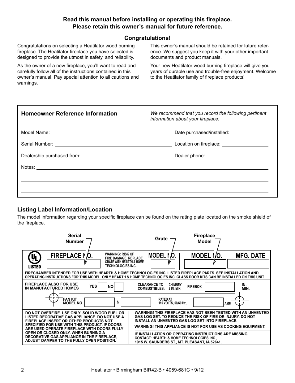 Fireplace no. model no. model no. mfg. date, Listing label information/location | Hearth and Home Technologies BIR42-B User Manual | Page 2 / 55