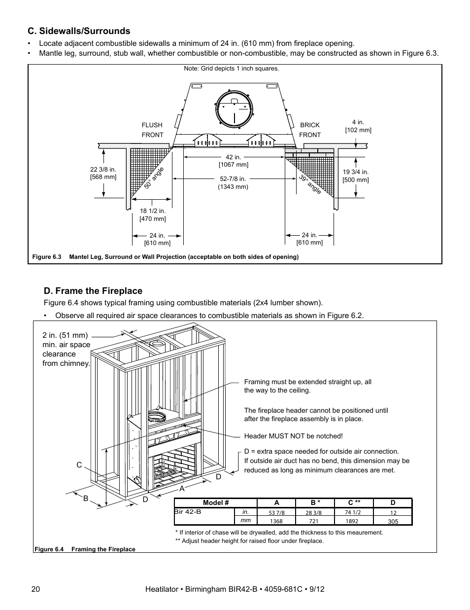 D. frame the fireplace, C. sidewalls/surrounds | Hearth and Home Technologies BIR42-B User Manual | Page 20 / 55
