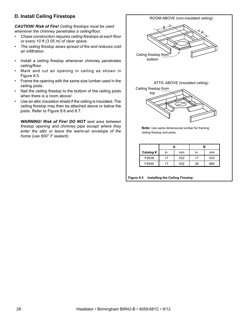 D. install ceiling firestops | Hearth and Home Technologies BIR42-B User Manual | Page 28 / 55