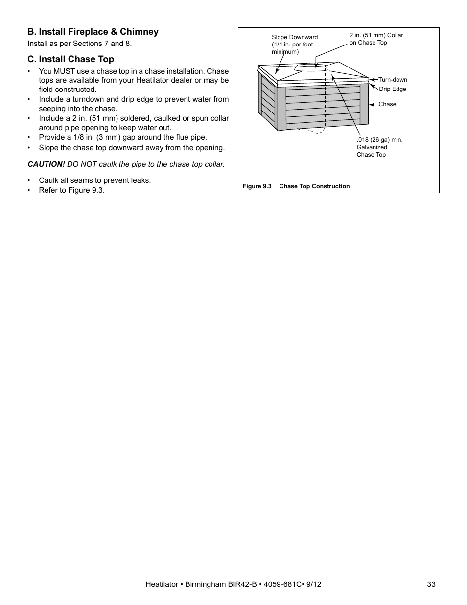 B. install fireplace & chimney, C. install chase top | Hearth and Home Technologies BIR42-B User Manual | Page 33 / 55