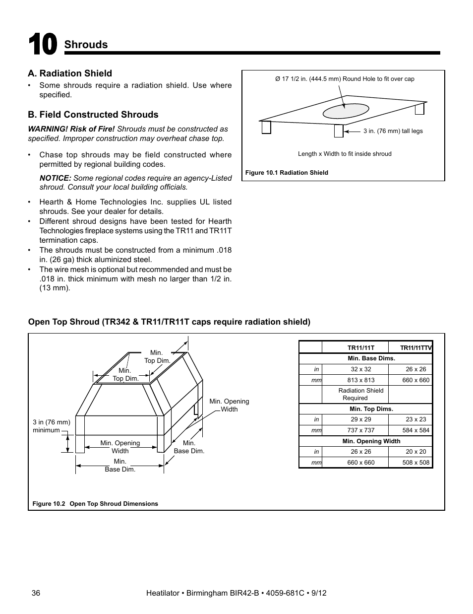 Shrouds, A. radiation shield, B. field constructed shrouds | Hearth and Home Technologies BIR42-B User Manual | Page 36 / 55