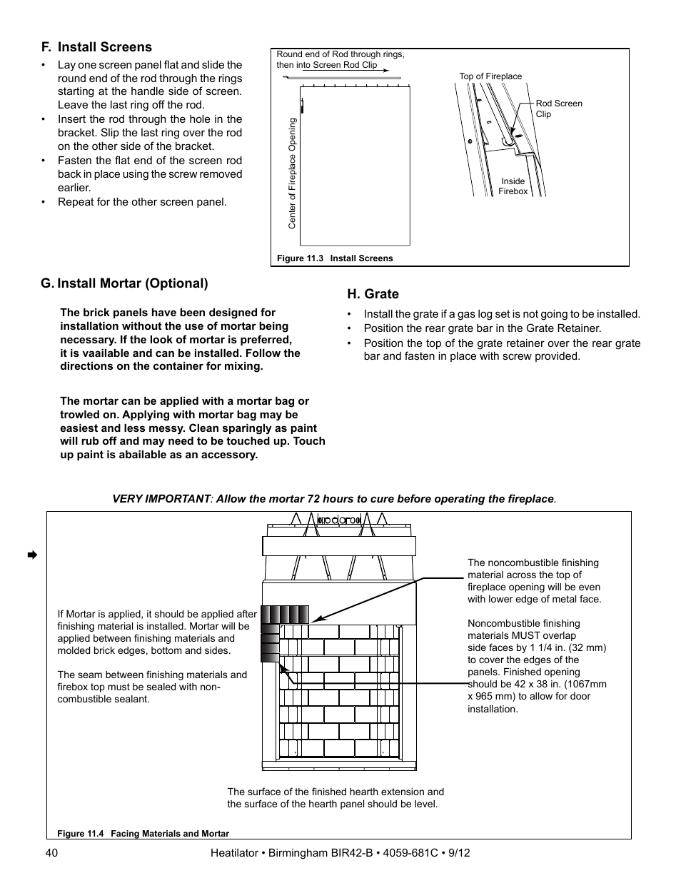 G. install mortar (optional), F. install screens, H. grate | Hearth and Home Technologies BIR42-B User Manual | Page 40 / 55