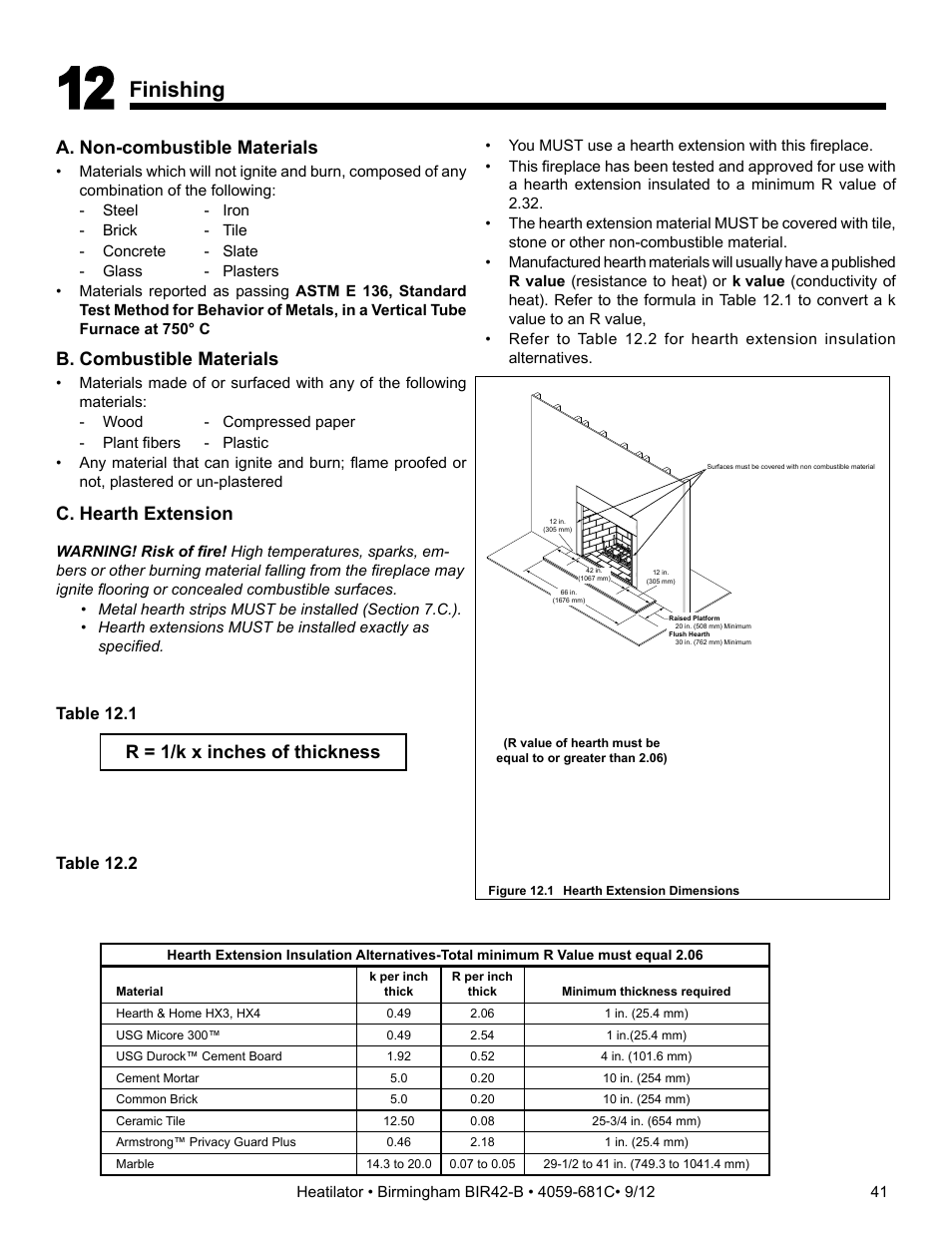 Finishing, A. non-combustible materials, B. combustible materials | C. hearth extension, R = 1/k x inches of thickness, Table 12.2, Table 12.1 | Hearth and Home Technologies BIR42-B User Manual | Page 41 / 55