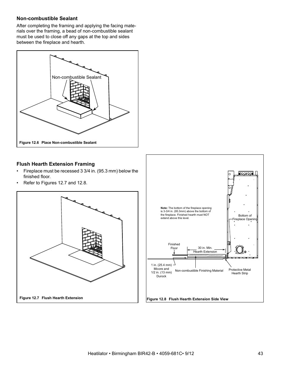 Non-combustible sealant, Flush hearth extension framing | Hearth and Home Technologies BIR42-B User Manual | Page 43 / 55