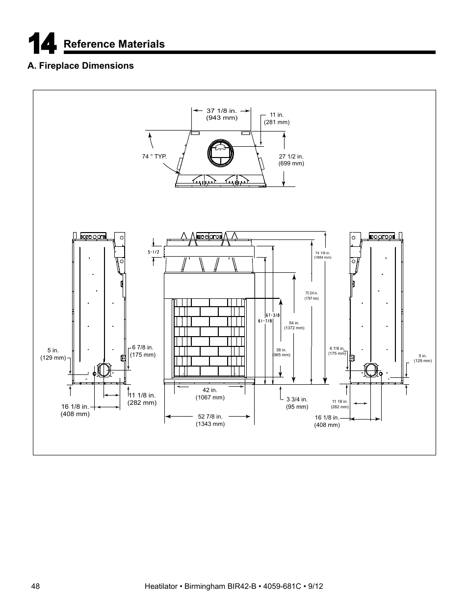 Reference materials, A. fireplace dimensions | Hearth and Home Technologies BIR42-B User Manual | Page 48 / 55