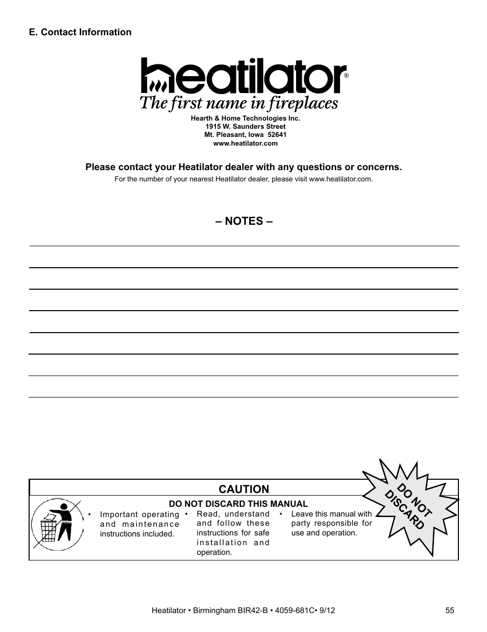 Caution, Do n ot dis ca rd | Hearth and Home Technologies BIR42-B User Manual | Page 55 / 55