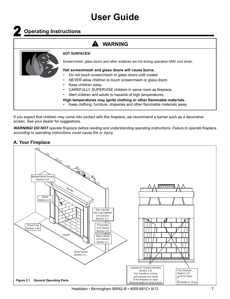 User guide, Operating instructions, Warning | A. your fireplace | Hearth and Home Technologies BIR42-B User Manual | Page 7 / 55