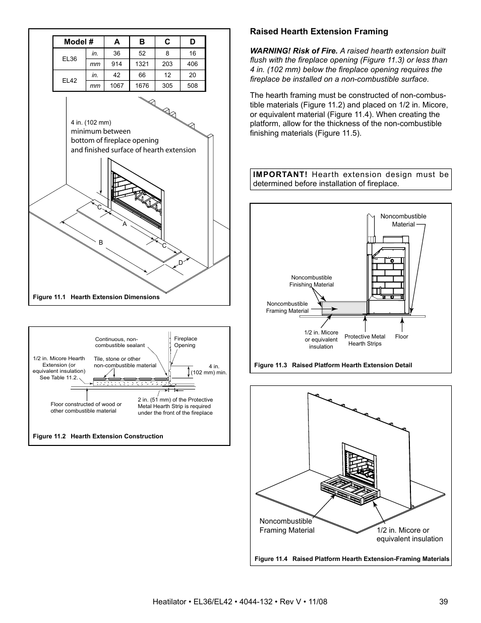 Raised hearth extension framing | Hearth and Home Technologies EL36 Series User Manual | Page 39 / 52