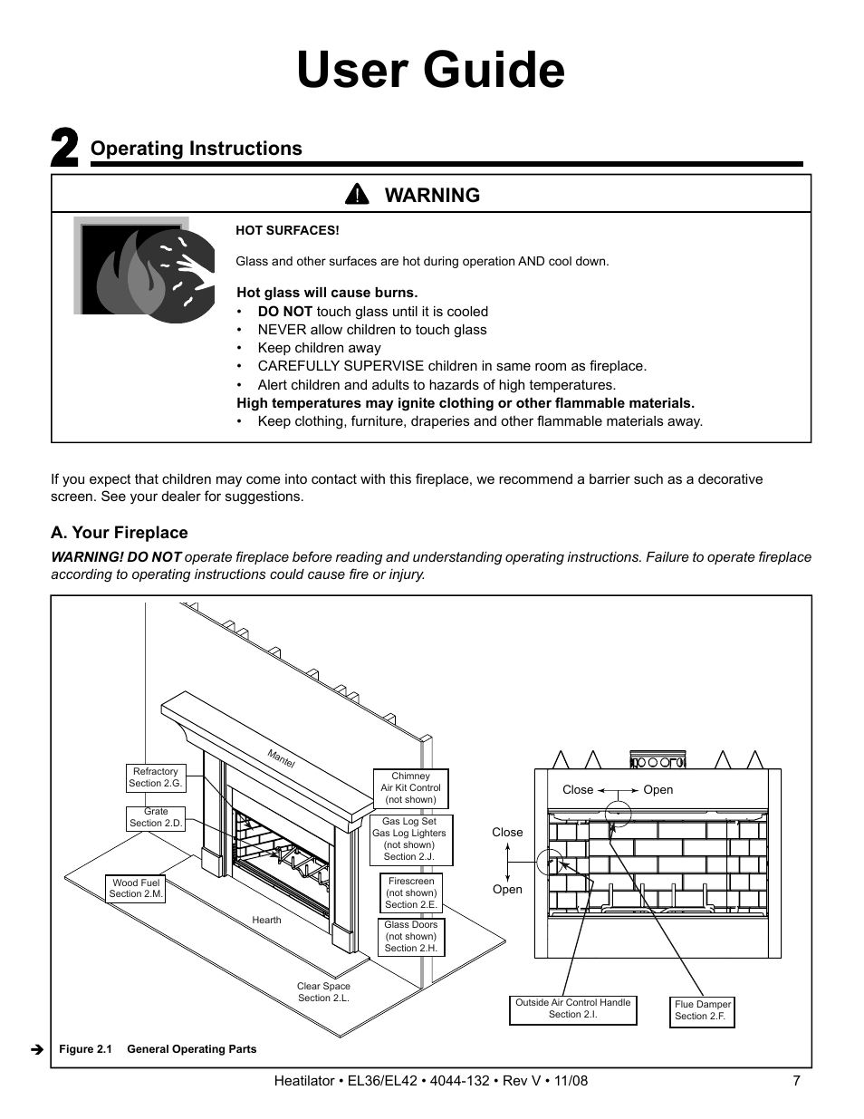User guide, Operating instructions, Warning | Hearth and Home Technologies EL36 Series User Manual | Page 7 / 52