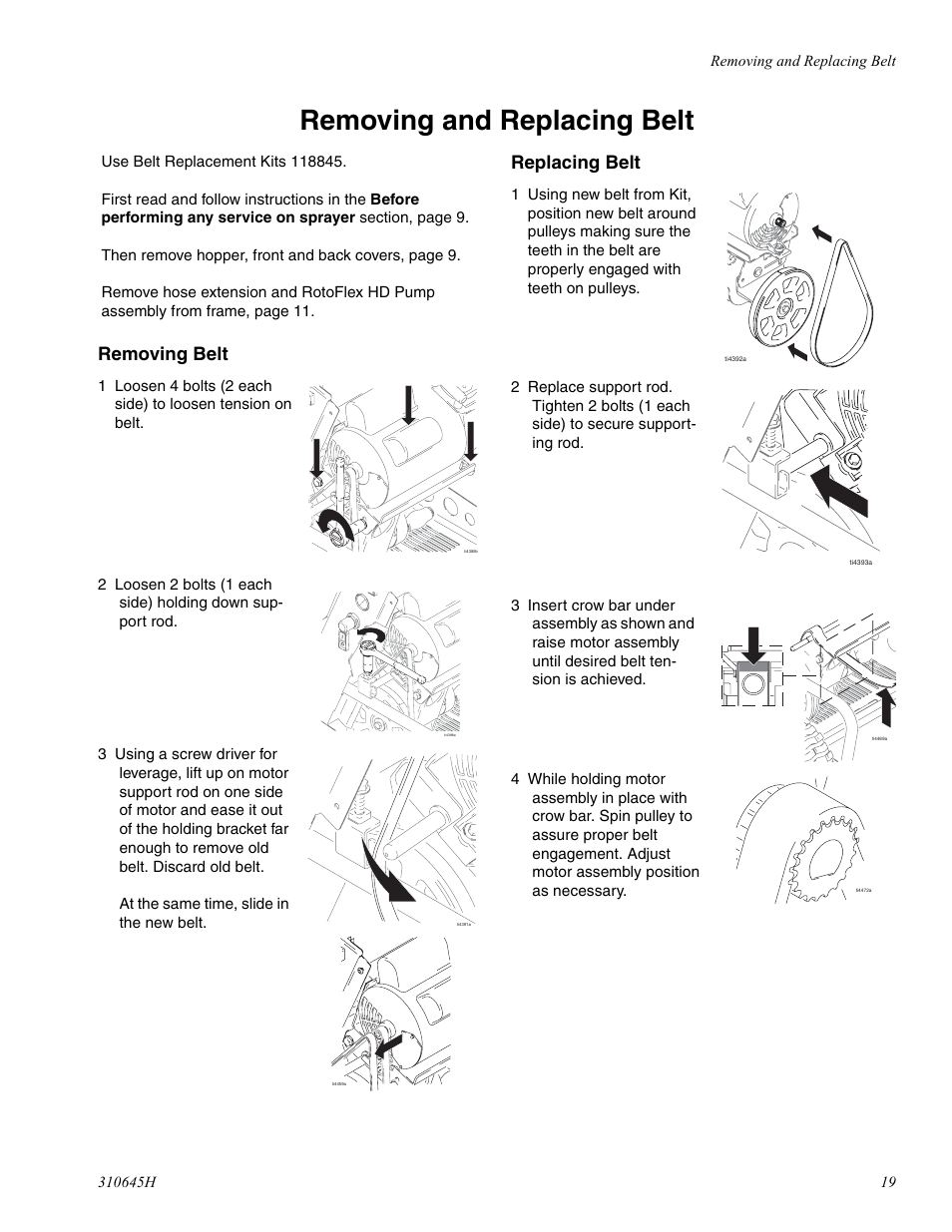 Removing and replacing belt, Removing belt, Replacing belt | Healthyway 310645H User Manual | Page 19 / 36