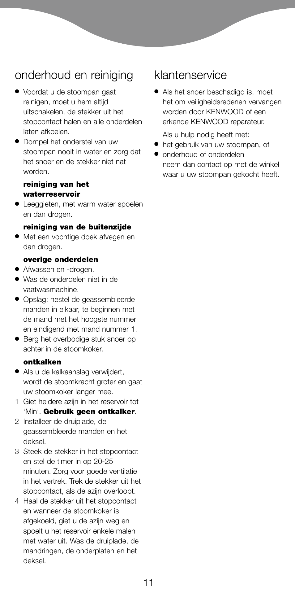 Onderhoud en reiniging, Klantenservice | Kenwood FS560 User Manual | Page 14 / 115