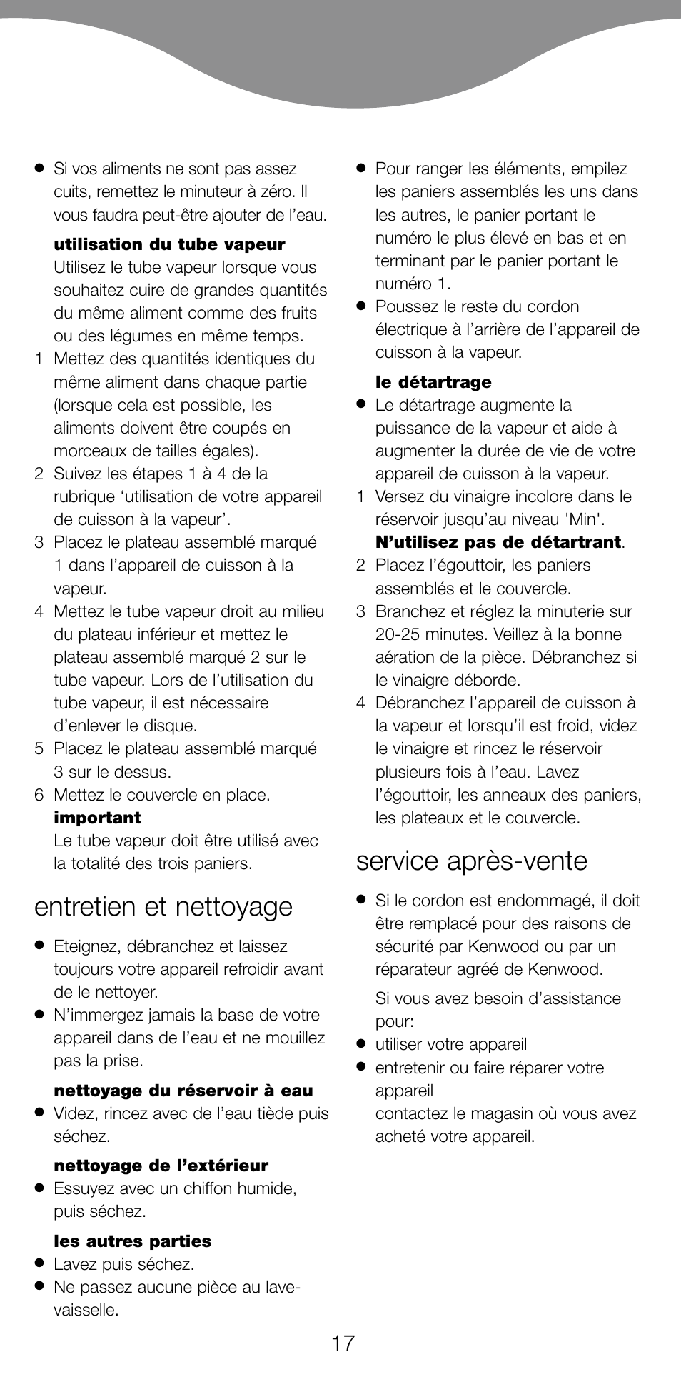 Entretien et nettoyage, Service après-vente | Kenwood FS560 User Manual | Page 20 / 115