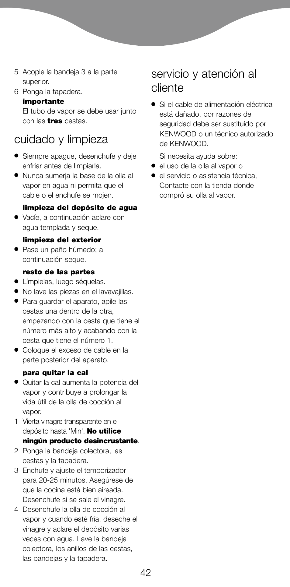 Cuidado y limpieza, Servicio y atención al cliente | Kenwood FS560 User Manual | Page 45 / 115