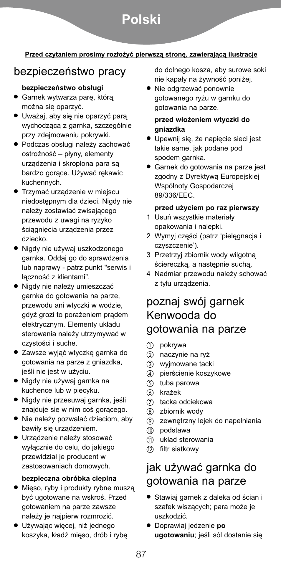 Polski, Bezpieczeæstwo pracy, Poznaj swój garnek kenwooda do gotowania na parze | Jak u¯ywaç garnka do gotowania na parze | Kenwood FS560 User Manual | Page 90 / 115
