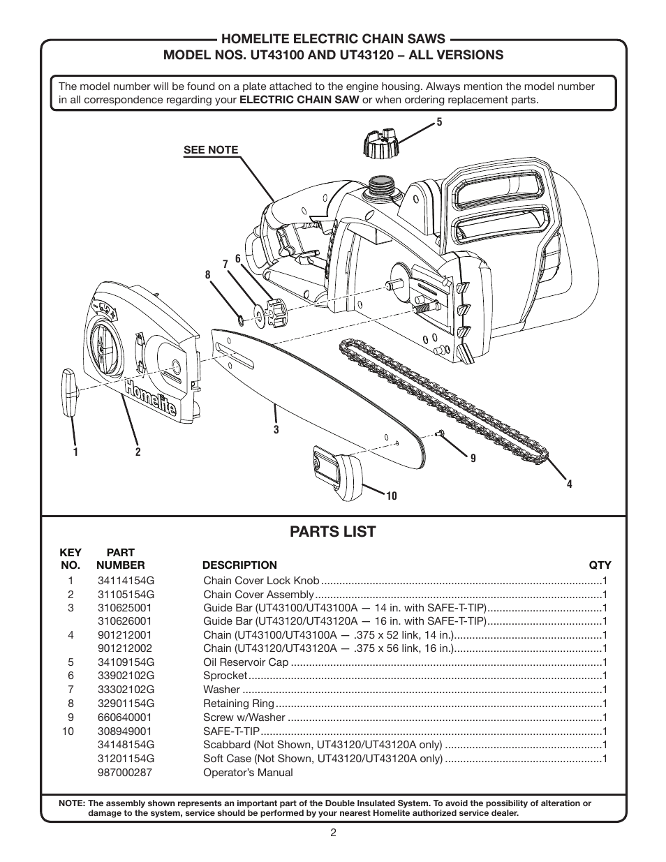 Parts list | Homelite UT43120 User Manual | Page 2 / 4