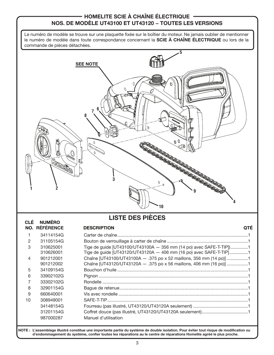 Liste des pièces | Homelite UT43120 User Manual | Page 3 / 4