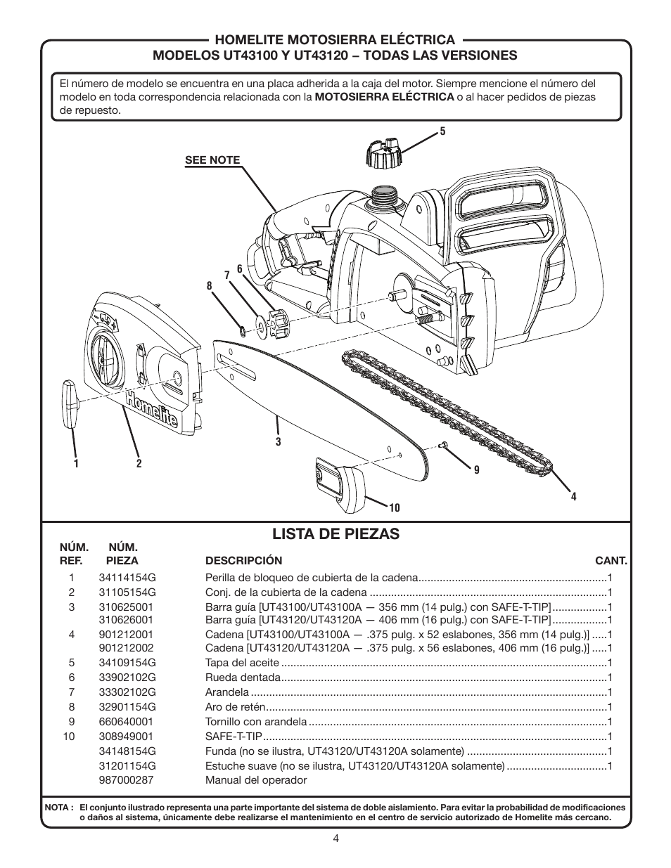 Lista de piezas | Homelite UT43120 User Manual | Page 4 / 4