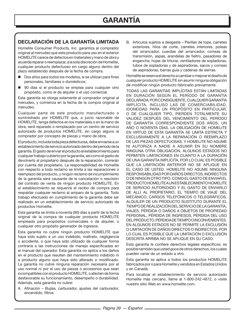 Garantía | Homelite UT10519 User Manual | Page 117 / 120