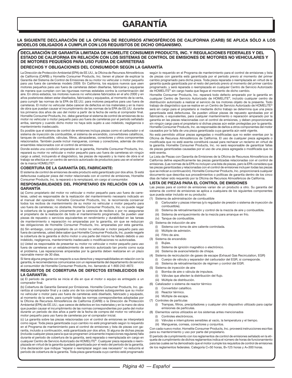 Garantía, Página 40 — español | Homelite UT10519 User Manual | Page 118 / 120