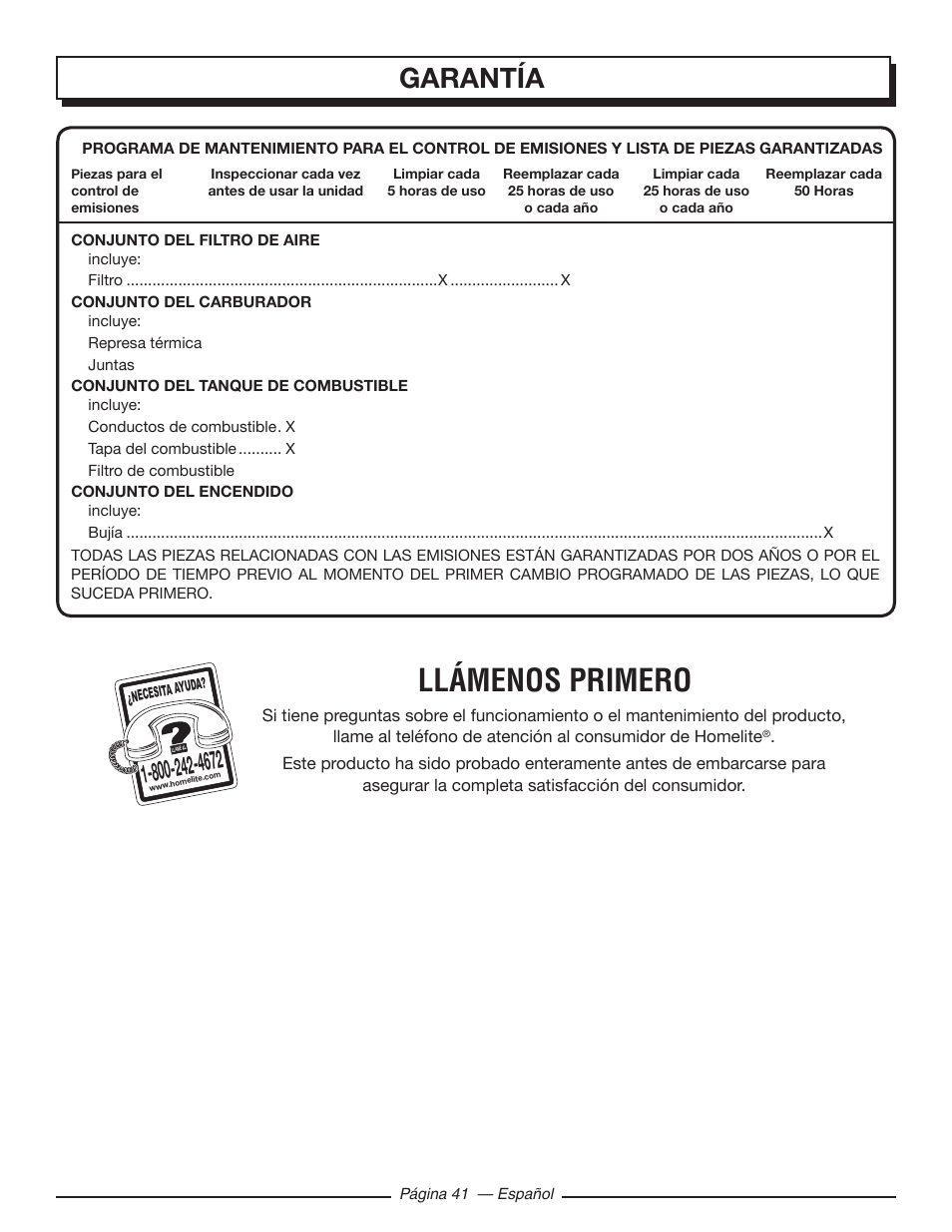 Llámenos primero, Garantía | Homelite UT10519 User Manual | Page 119 / 120