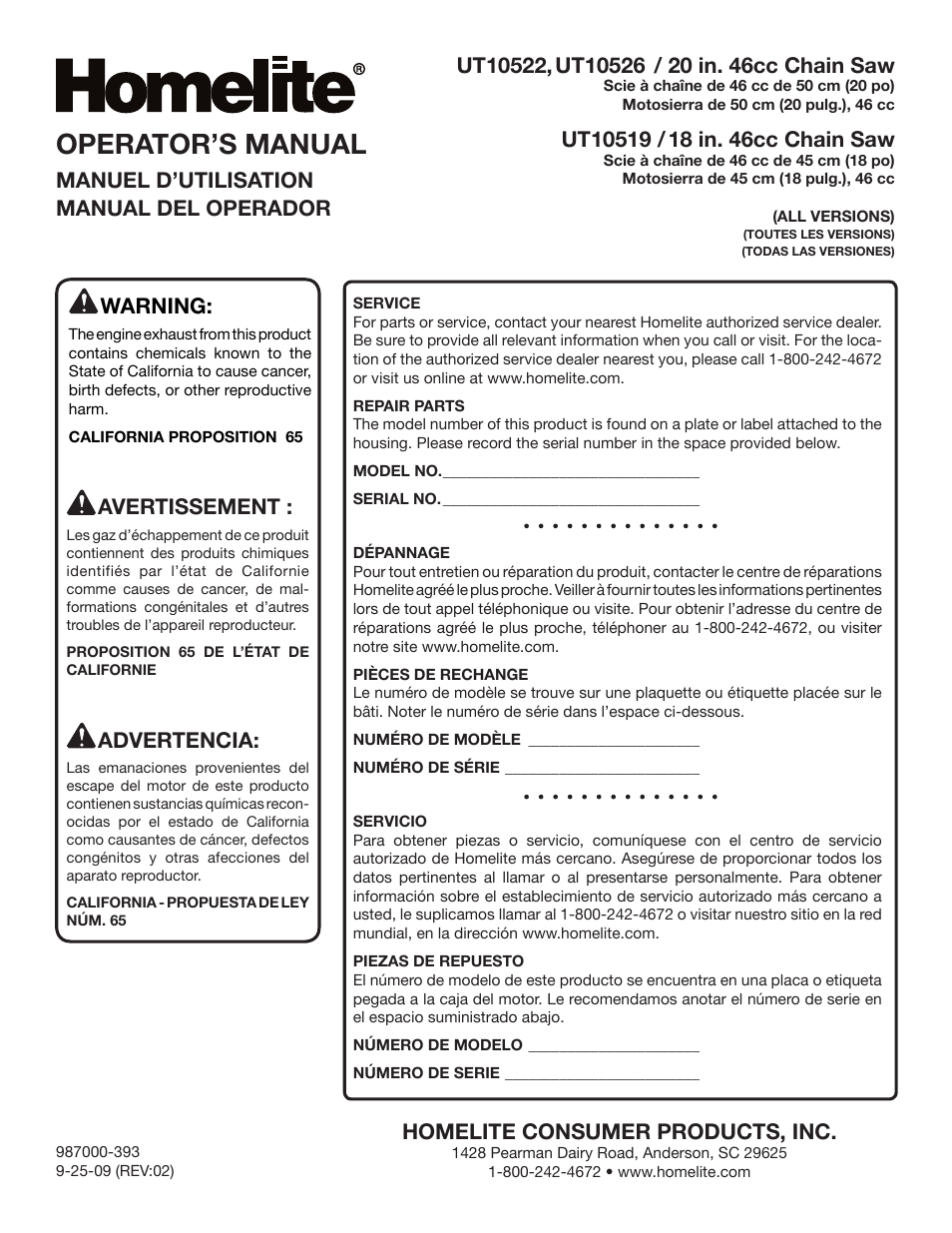 Operator’s manual, Homelite consumer products, inc, Warning | Avertissement, Advertencia, Manuel d’utilisation manual del operador | Homelite UT10519 User Manual | Page 120 / 120