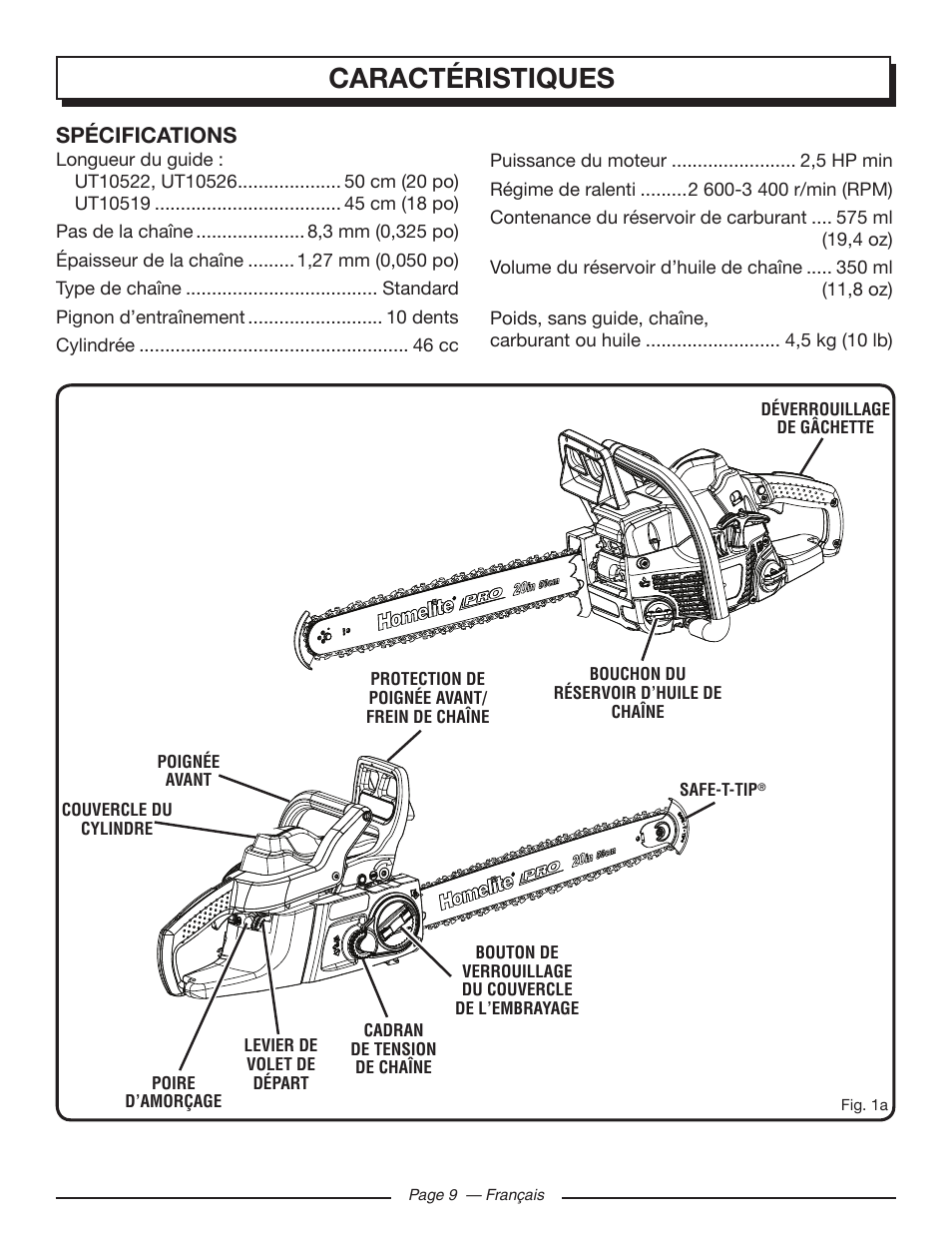 Caractéristiques, Spécifications | Homelite UT10519 User Manual | Page 48 / 120