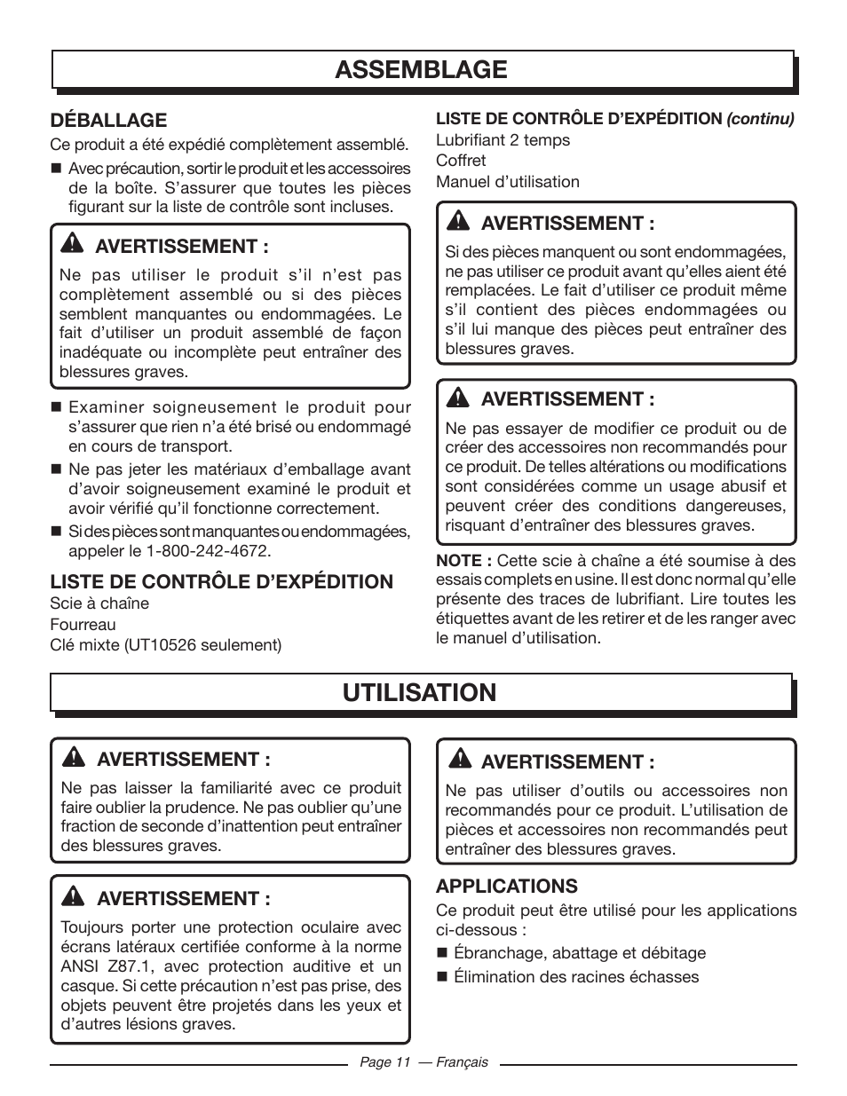 Assemblage utilisation | Homelite UT10519 User Manual | Page 50 / 120