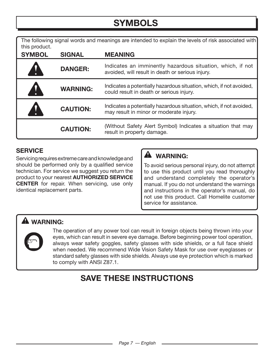 Symbols, Save these instructions | Homelite UT10519 User Manual | Page 7 / 120