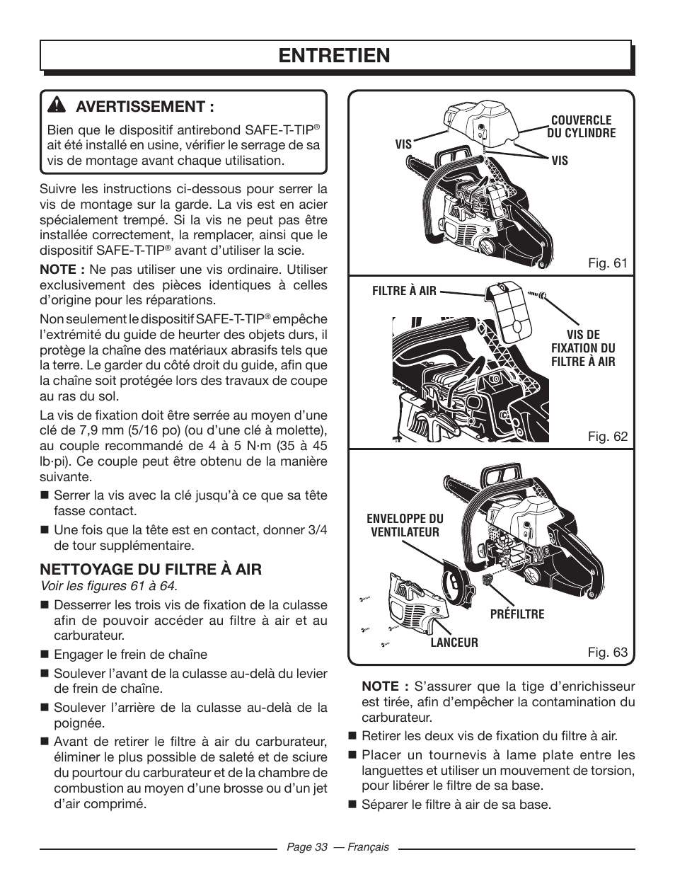 Entretien, Avertissement, Nettoyage du filtre à air | Homelite UT10519 User Manual | Page 72 / 120