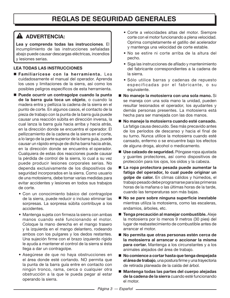 Reglas de seguridad generales, Advertencia | Homelite UT10519 User Manual | Page 81 / 120