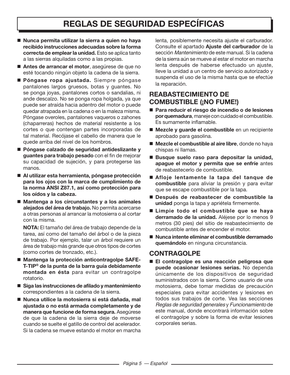 Reglas de seguridad específicas, Reabastecimiento de combustible (¡no fume!), Contragolpe | Homelite UT10519 User Manual | Page 83 / 120