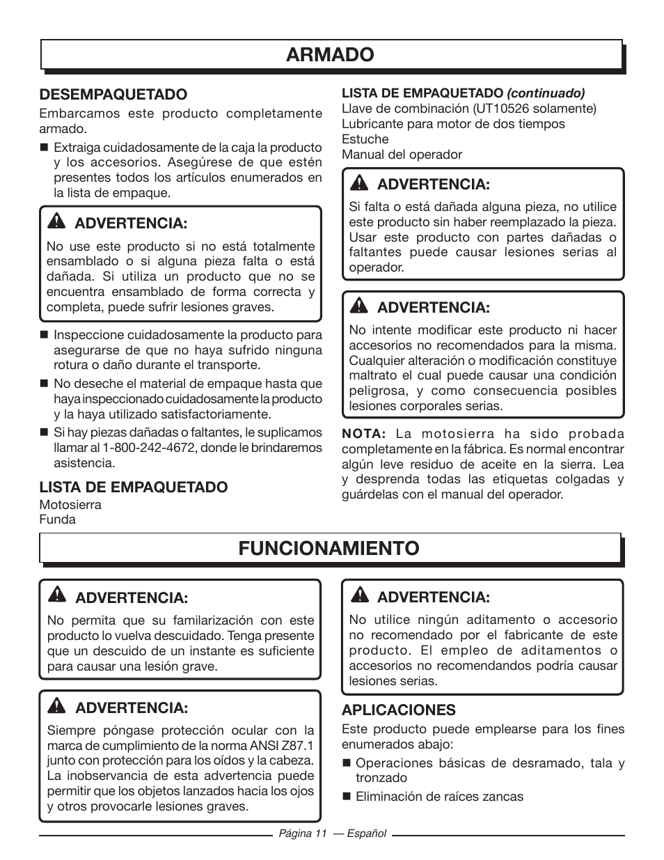 Armado funcionamiento | Homelite UT10519 User Manual | Page 89 / 120