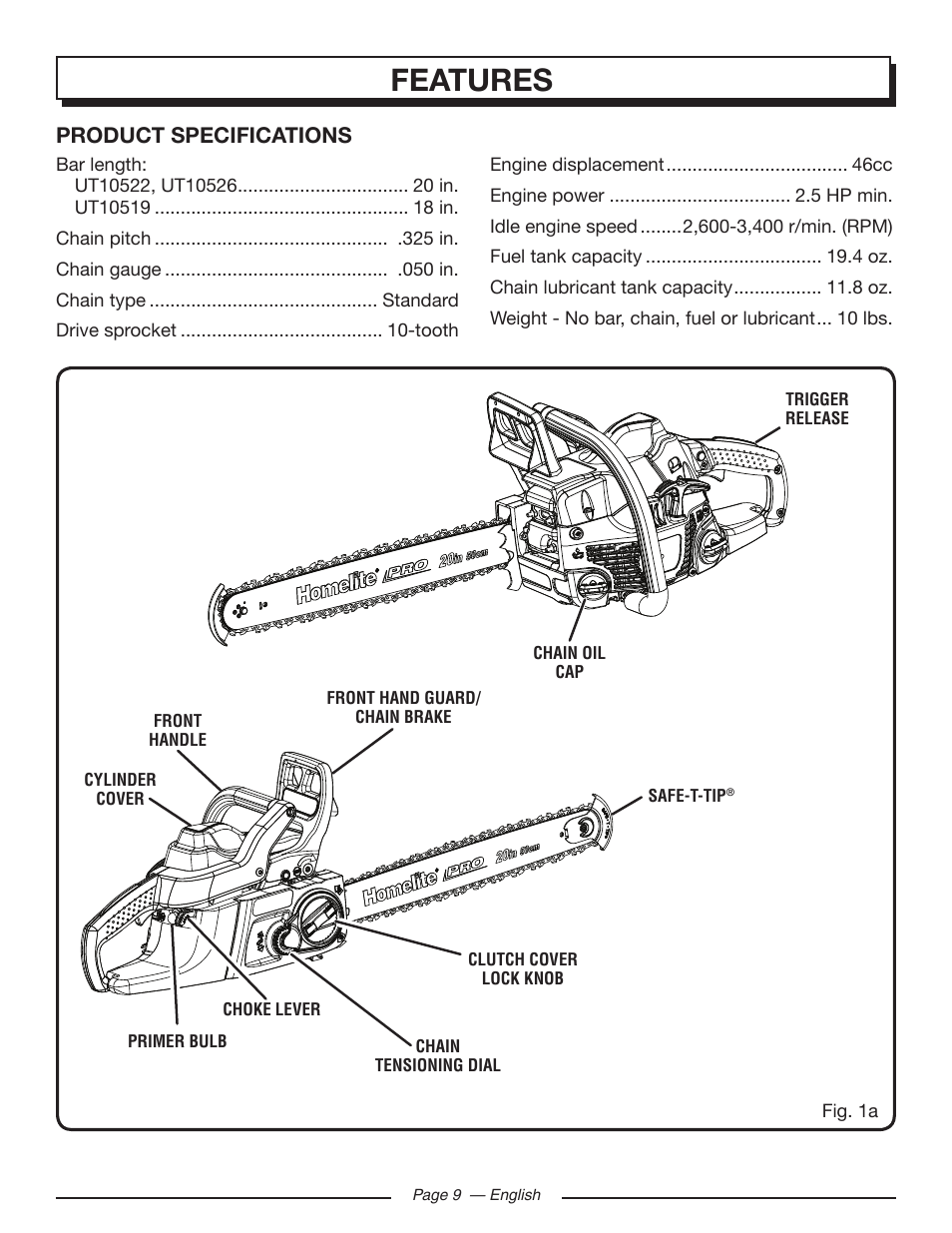 Features, Product specifications | Homelite UT10519 User Manual | Page 9 / 120