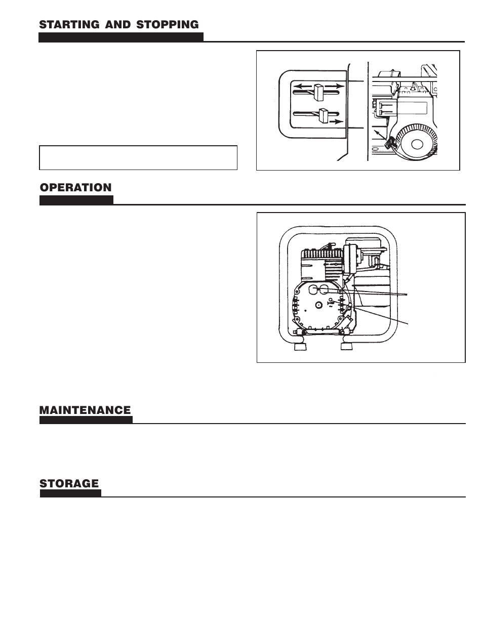 Starting and stopping, Operation, Maintenance | Storage, Cable size, Load application, Control panel, Engine, Generator | Homelite UT03697 C User Manual | Page 3 / 12