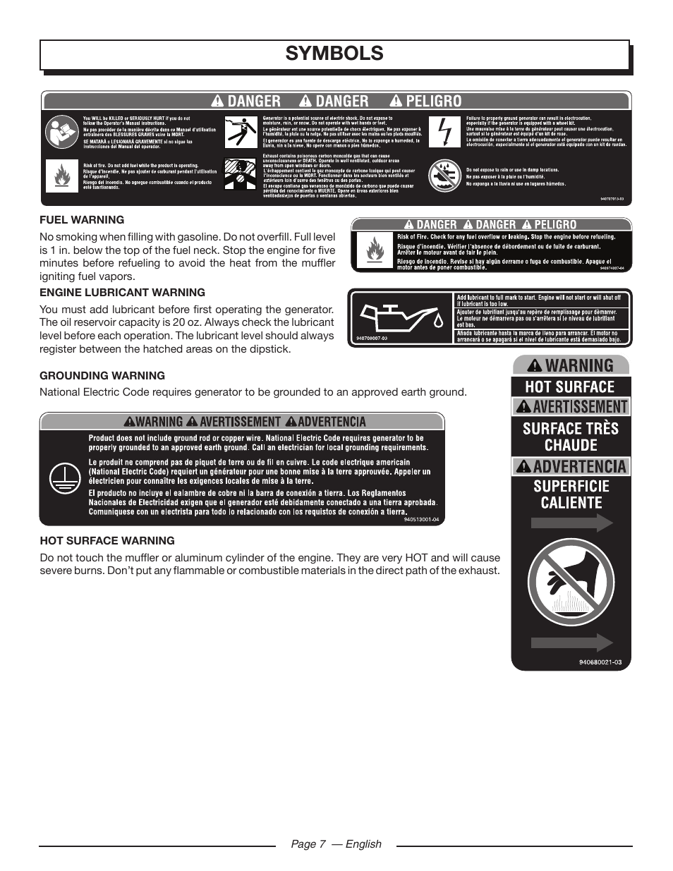 Symbols | Homelite UT903650 User Manual | Page 11 / 60